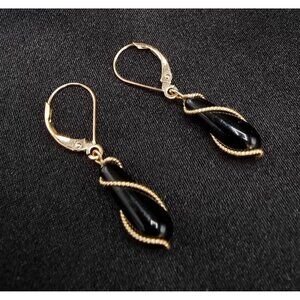 10K Solid Gold Black Onyx RL Signed Drop Earrings With Twisted Rope Design